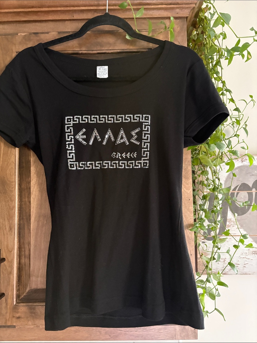 Black Women's Scoop Neck Short Sleeve Top with Silver Stud Design Greece
